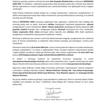 KGW Promyczki Tarnowca nominowane w Mistrzach Agro 2026 — nie prowadzą kampanii, zapraszają na Święto Ziemniaka