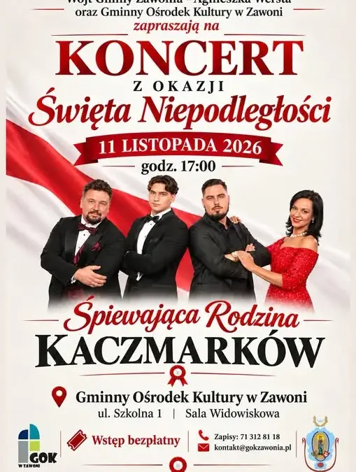 Koncert Niepodległościowy w Zawoni – Śpiewająca Rodzina Kaczmarków wystąpi 11 listopada