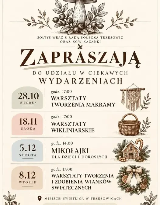 Trzęsowice: warsztaty, Mikołajki i świąteczne wianki – harmonogram wydarzeń