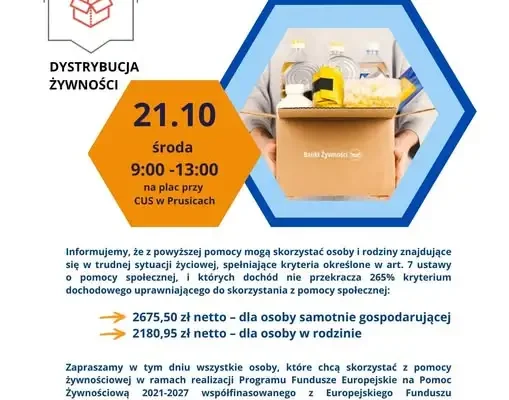 Prusice: 21 października kolejna dystrybucja żywności z Programu Fundusze Europejskie na Pomoc Żywnościową