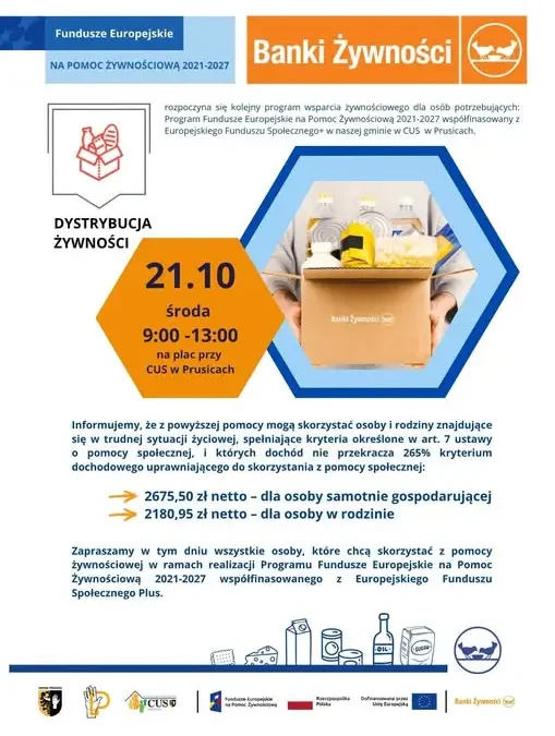 Prusice: 21 października kolejna dystrybucja żywności z Programu Fundusze Europejskie na Pomoc Żywnościową